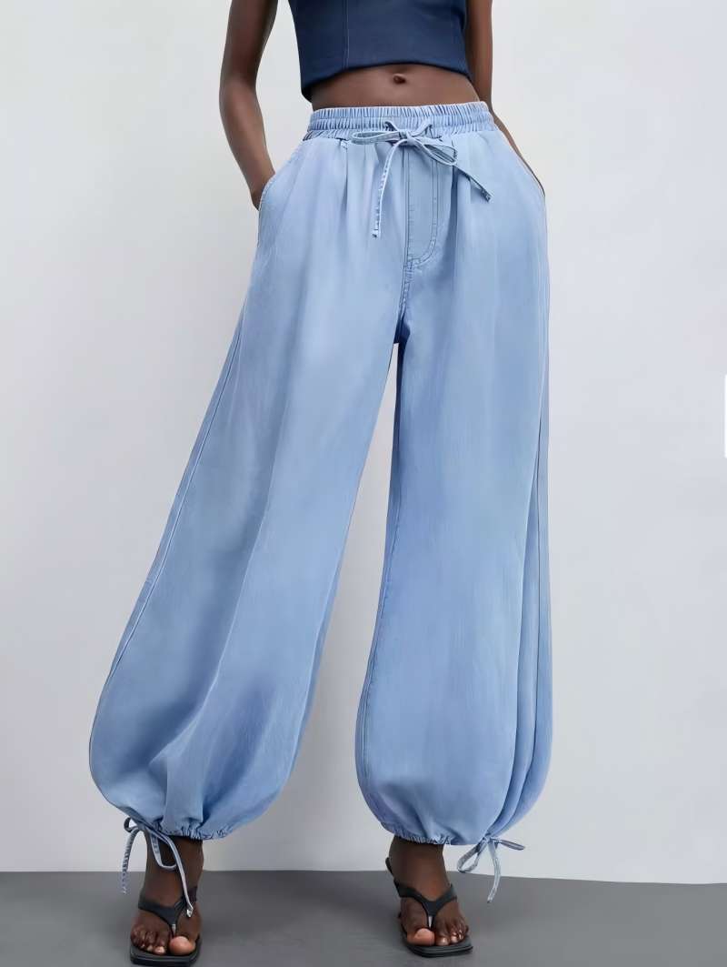 Draping Wide-leg Washed Denim Pants With A Drawstring Elastic Waist And Ankle Cuffs photo 2