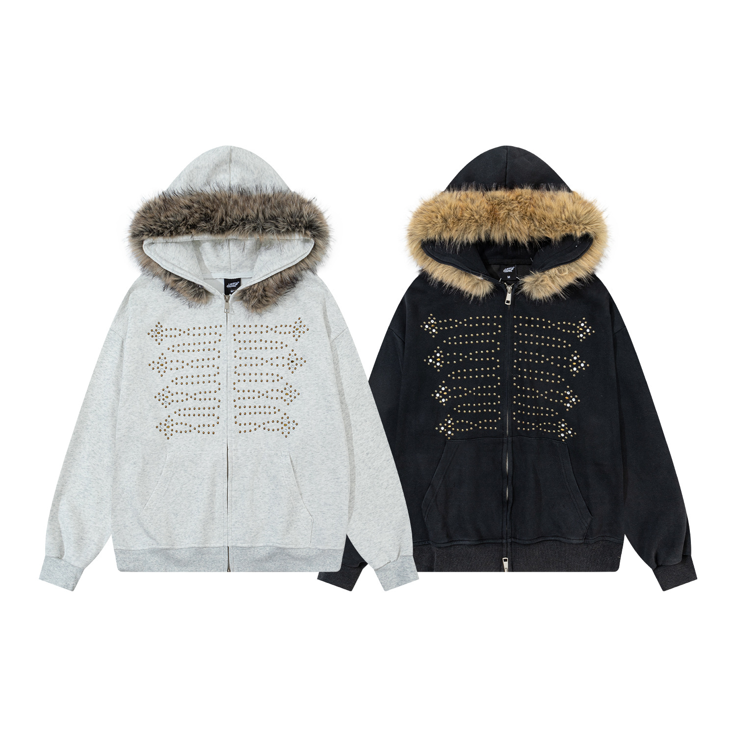 Detachable Fur Collar Rhinestone Detailing Washed Finish Zip-up Hoodie photo 1