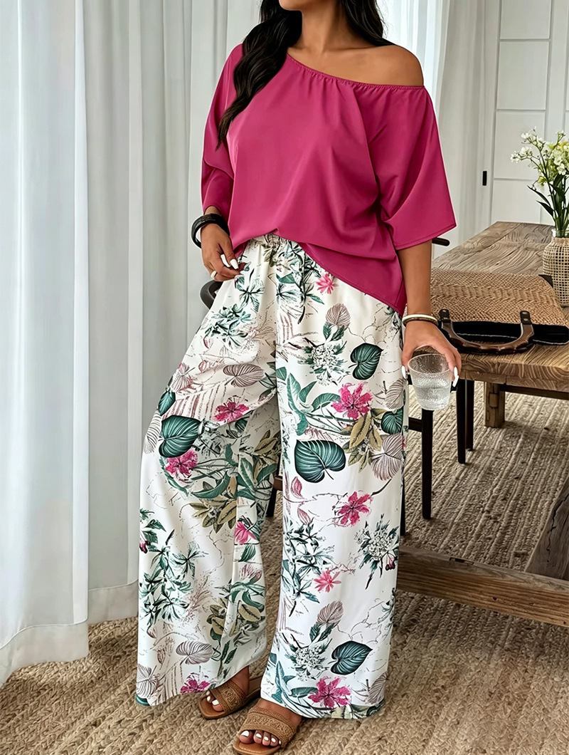 Casual Womens Set Featuring Plant And Floral Print Wide-leg Pants photo 2