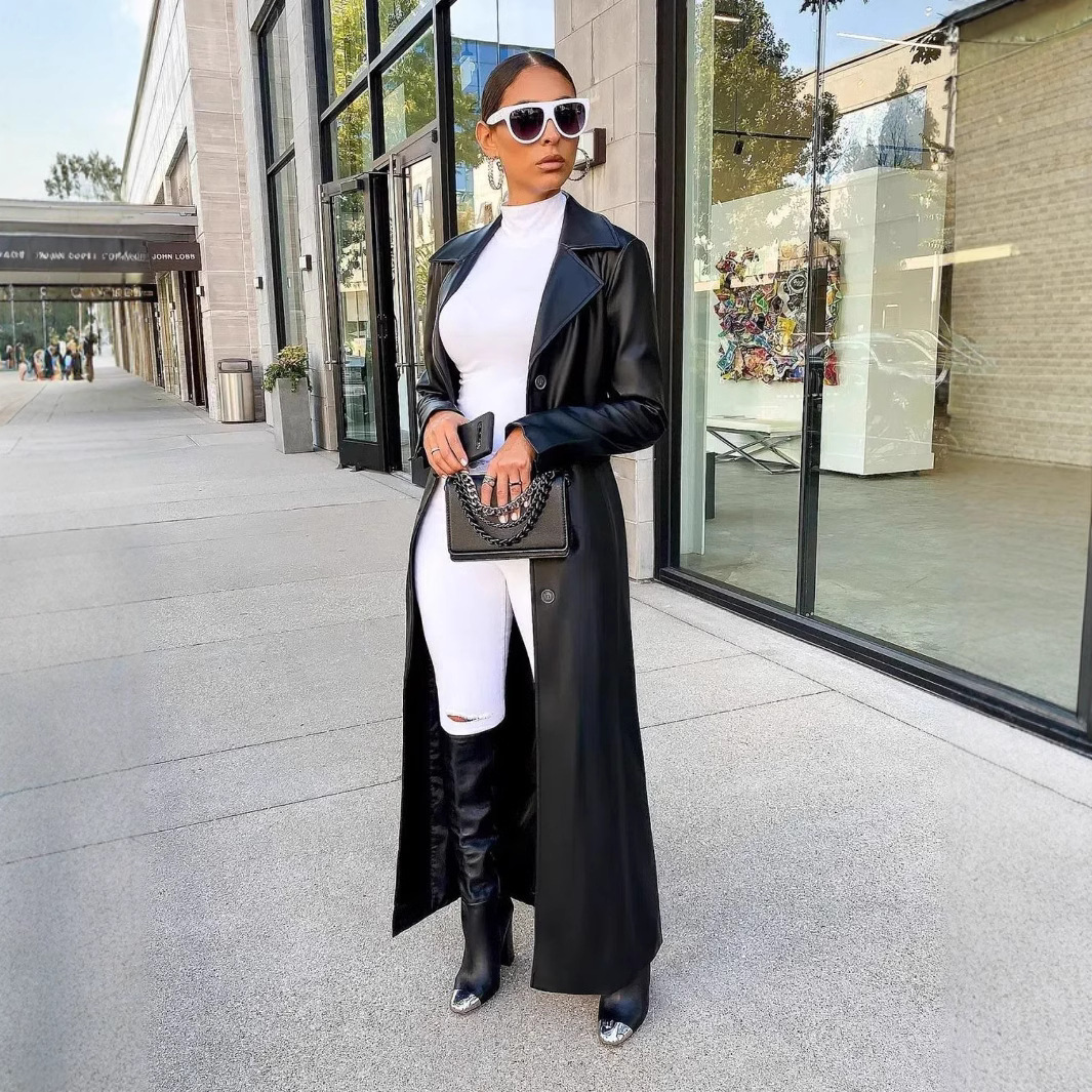 European And American-style Long-length Lapel PU Leather Jacket photo 2