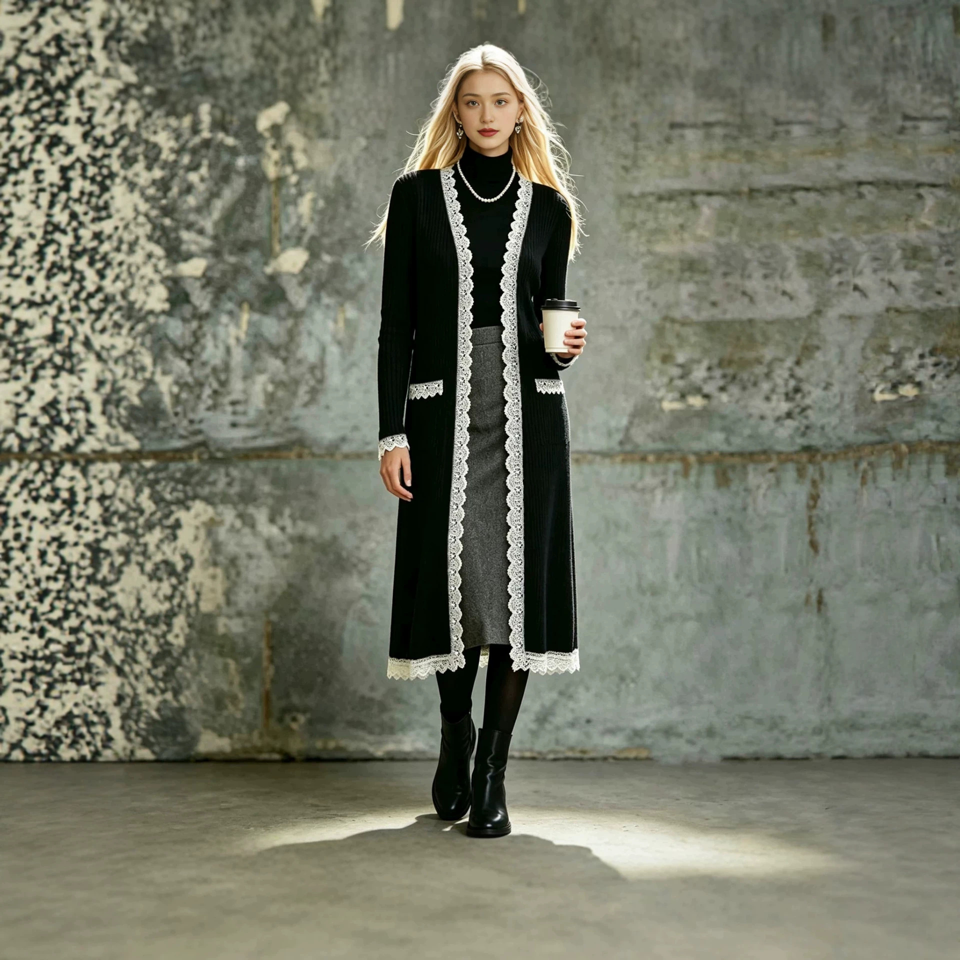 Women's AutumnWinter Knitted Sweater Color-Block Lace Cardigan Coat photo 1