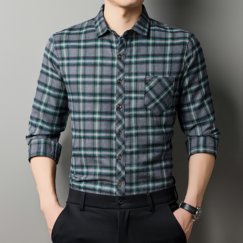 Breathable Fashionable Plaid Long-sleeve Printed Shirt For Middle-aged Men photo 2