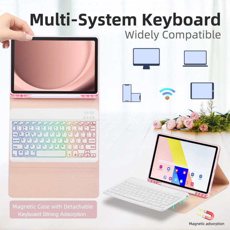 Magnetic Bluetooth Keyboard Case for Samsung Galaxy Tab A9 Plus - Detachable Backlit Tri-Color Protective Cover with Stand Function photo 1