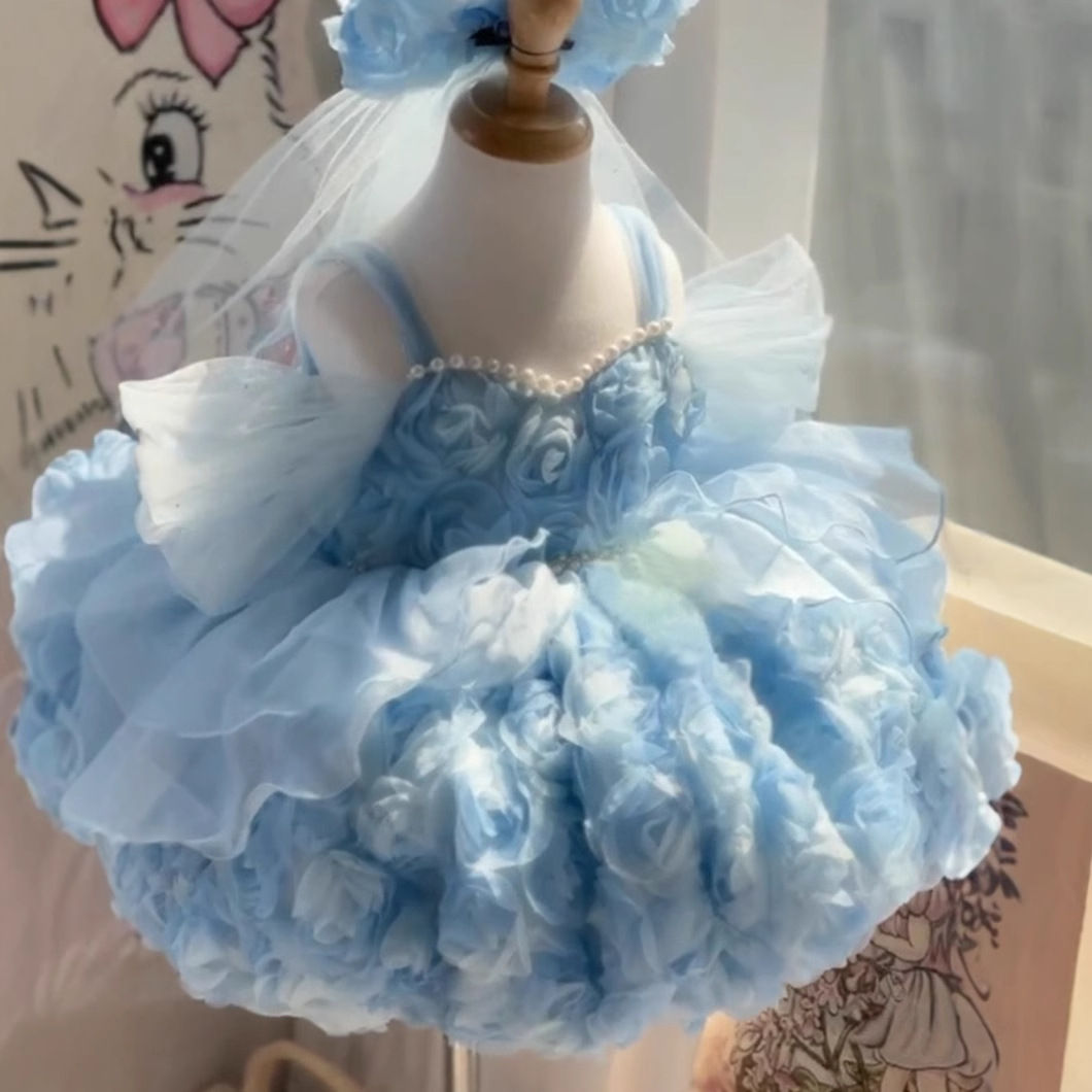 Blue Three-dimensional Floral Birthday Dress For Little Girls Performances photo 2