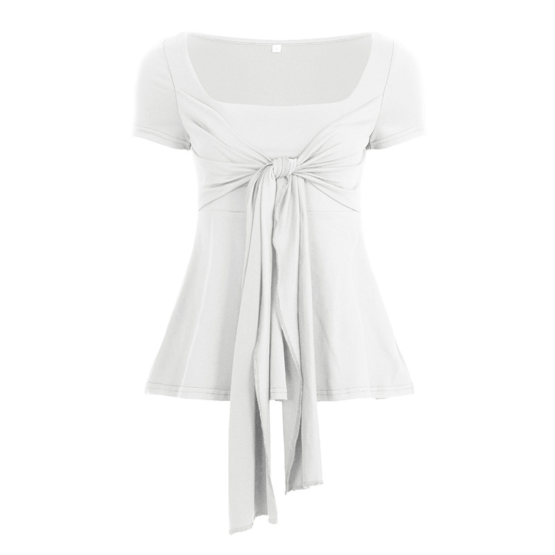 Summer Womens Retro Bow-tie Square-neck Loose-fit Short-sleeve Top photo 2