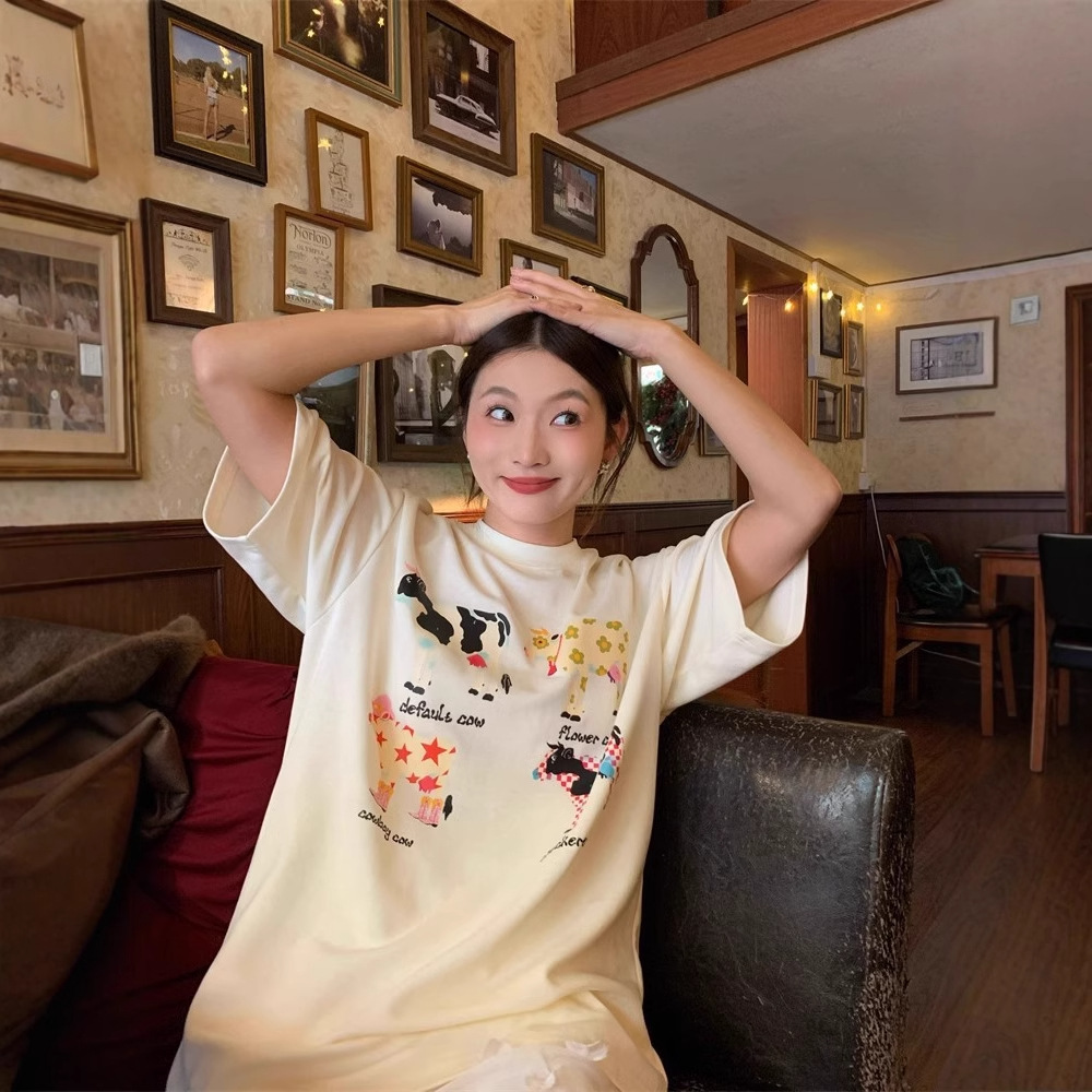 American Retro Cartoon Print Korean Version Loose Versatile Top photo 5