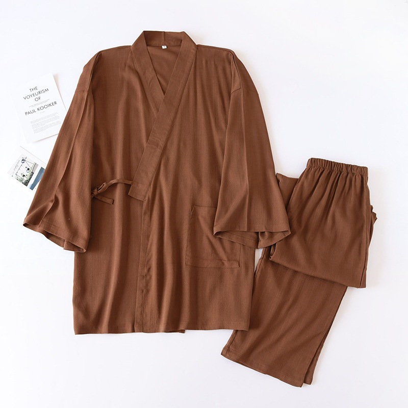 Japanese-style Solid-color Mens Kimono Pajamas, Cotton-linen Drawstring Homewear Set photo 6