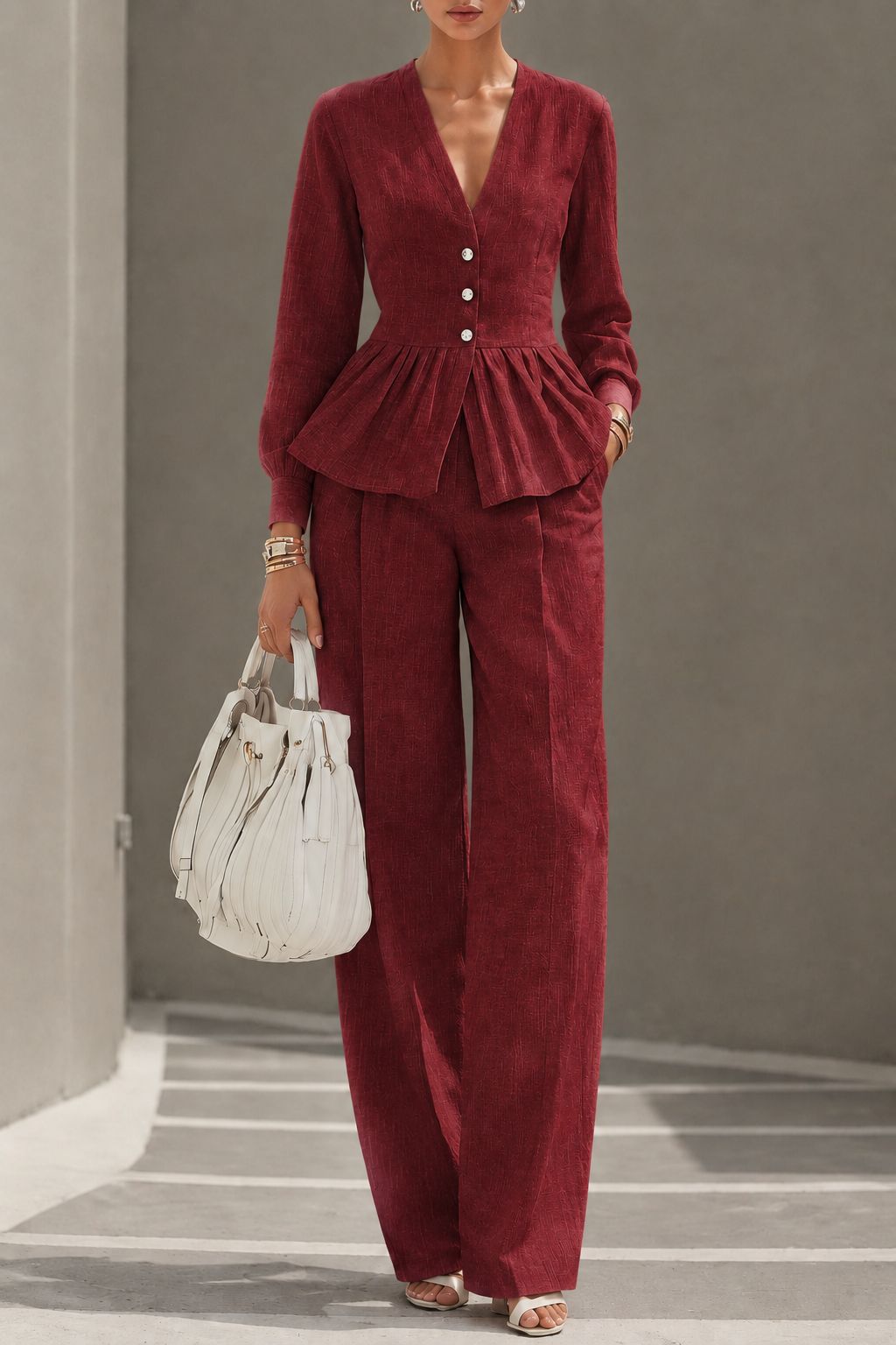 Long-sleeve V-neck Top And Wide-leg Pants Two-piece Set photo 8