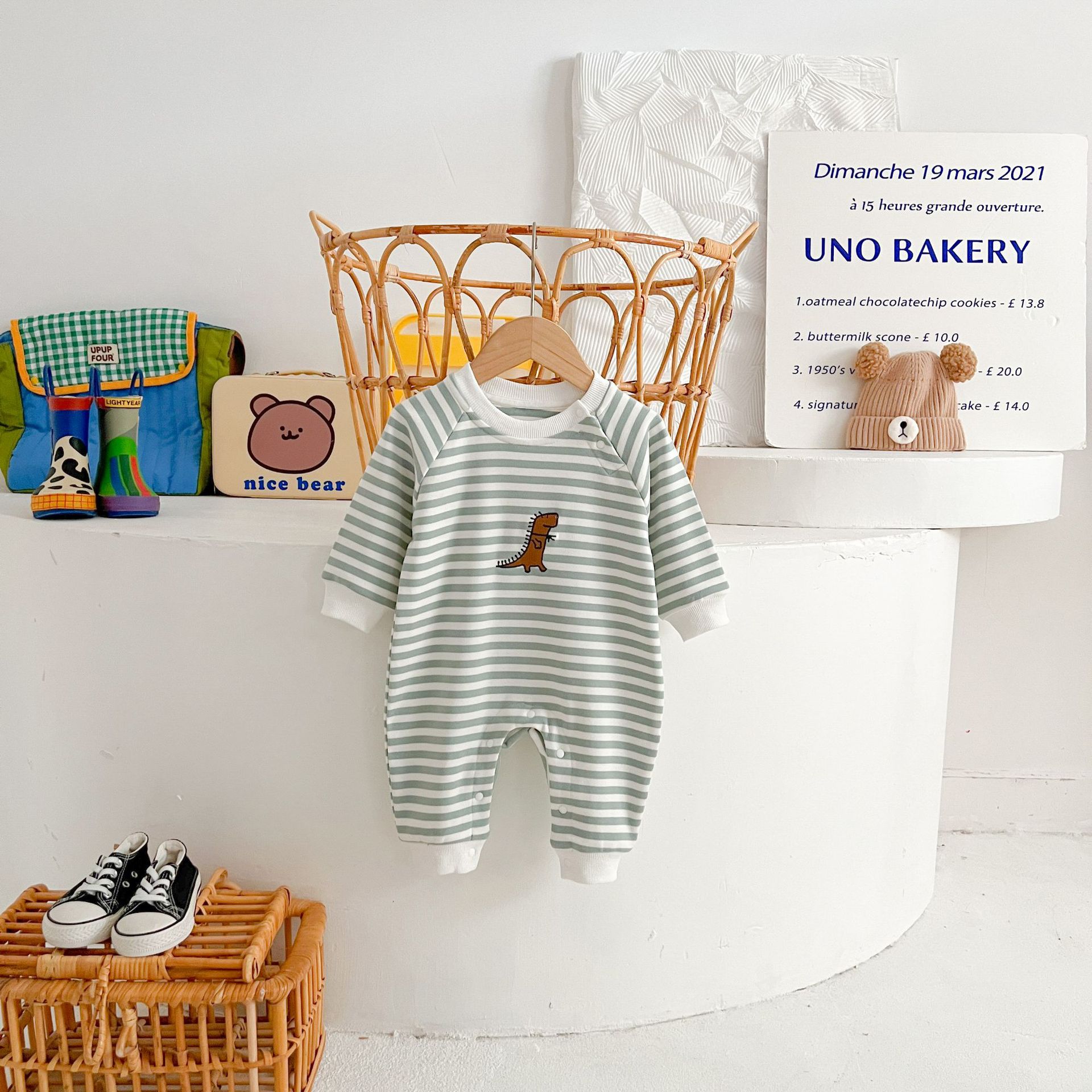 Springautumn New Arrival Striped Dinosaur-embroidered Baby Romper For 0 2 year olds photo 2
