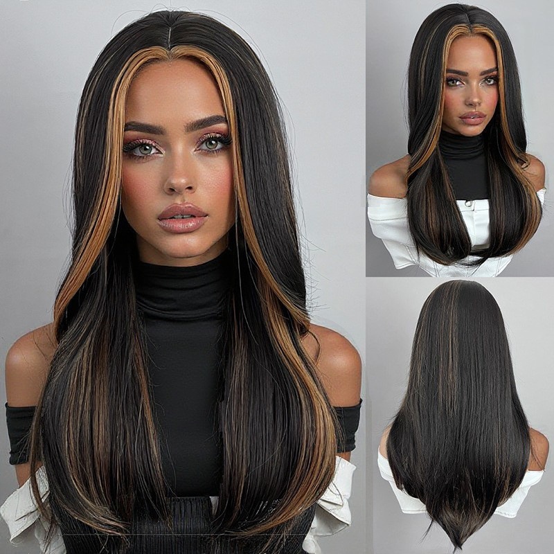 Womens Figure-8 Bangs Black-to-gray Ombre Long Straight Synthetic Hair photo 8