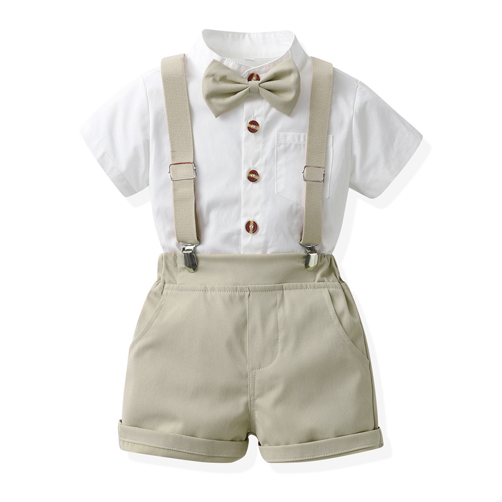 Boys Candy-Colored Stand-Neck Short-Sleeve Suspender Pants Set photo 8