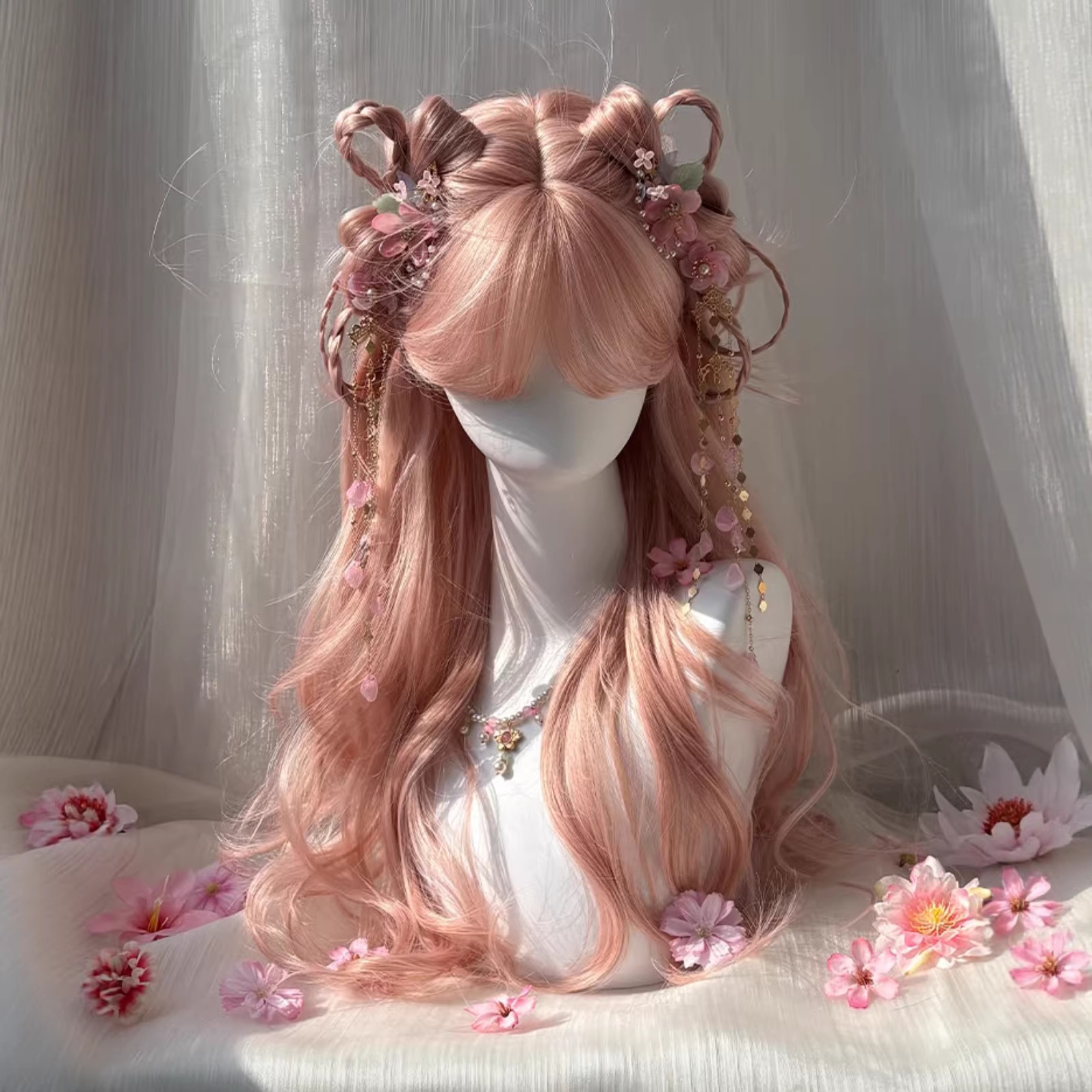 Womens Pink-gold Long Curly Wig With Wispy Bangs And Big Waves photo 1