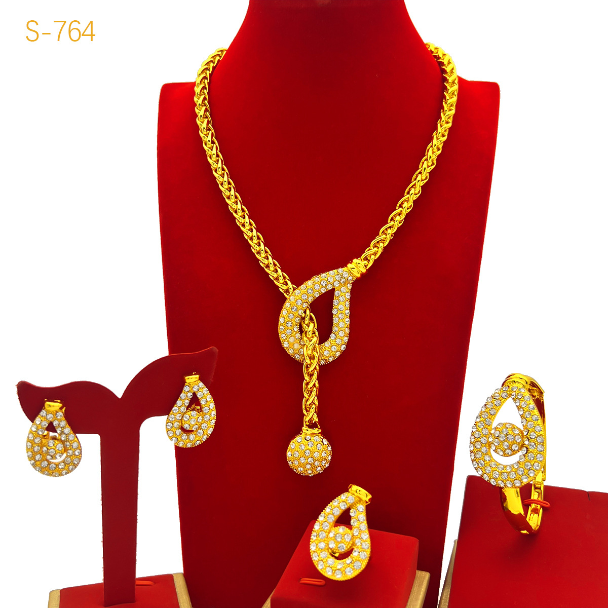 Best-selling Dubai Bride 24k Gold-plated Necklace Bracelet Earring Ring Four-piece Set photo 2
