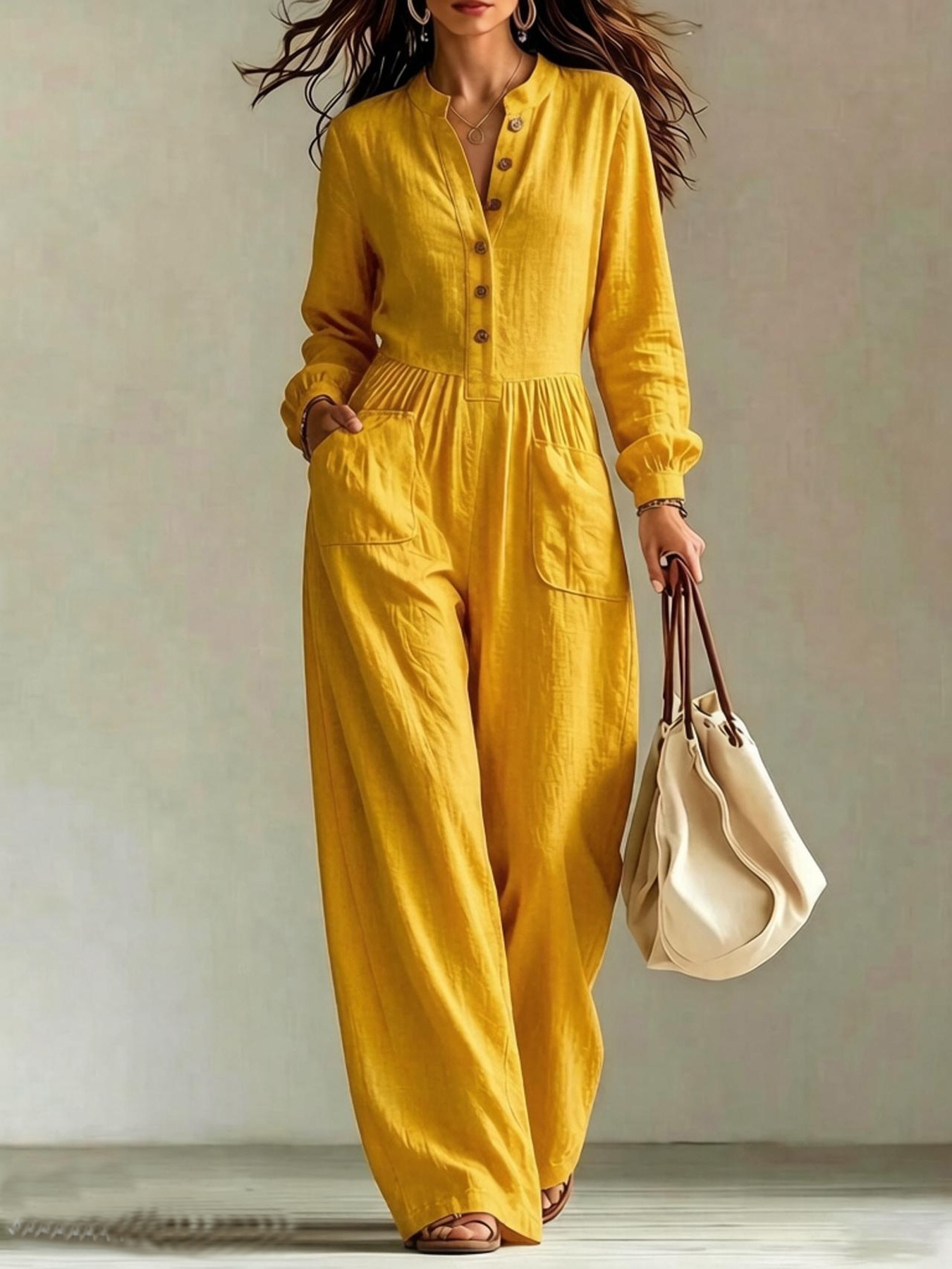 Jumpsuit With Buttons Waist-cinching Design And Pockets photo 2