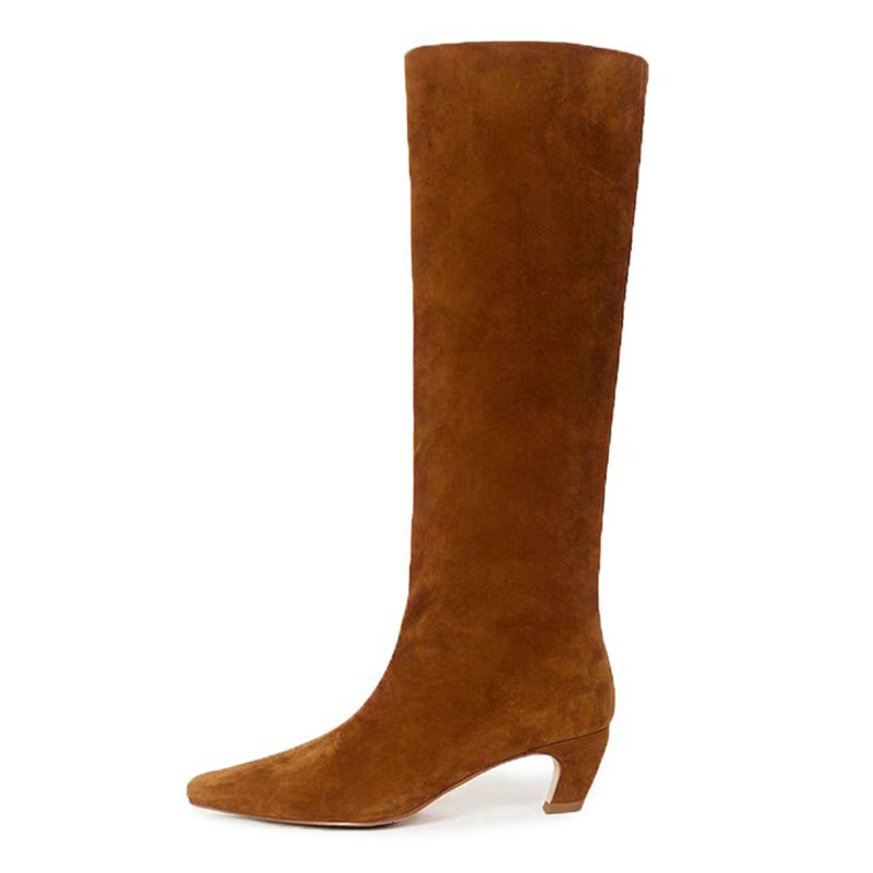 French Minimalist-style Square-toe Kitten-heel Over-the-knee Straight-leg Leather Booties photo 2