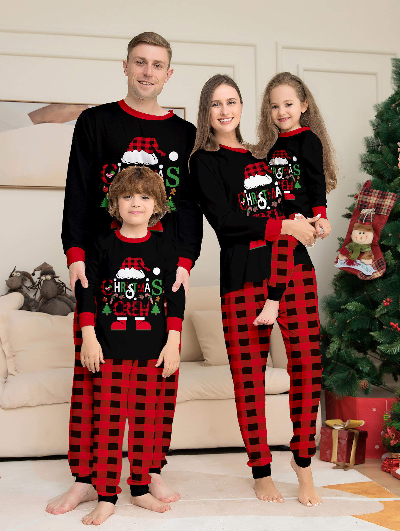 Christmas Hat Cartoon Letters Red And Black Plaid Printed Parent-child Christmas Suit photo 6