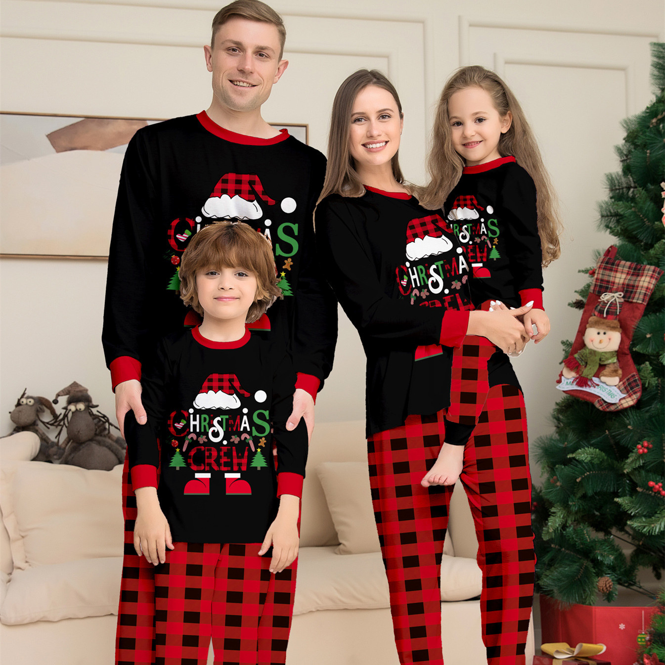 Christmas Hat Cartoon Letters Red And Black Plaid Printed Parent-child Christmas Suit photo 1