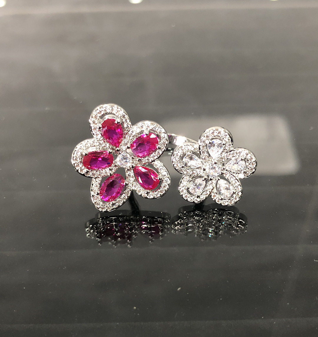 Colorful Bright Crimson Gemstone Flower Grape Purple Zircon Shining Diamond Flower Ring photo 3