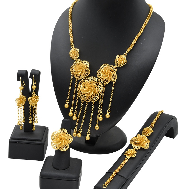Lady's Flower Necklace Earring Ring Bracelet Copper-plated Gold Jewelry Suit photo 3