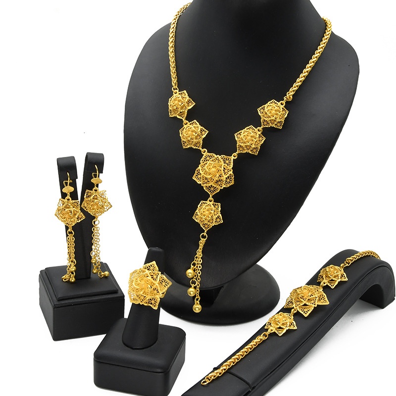Lady's Flower Necklace Earring Ring Bracelet Copper-plated Gold Jewelry Suit photo 2