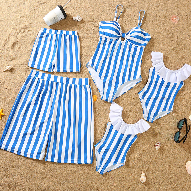 Parent-child Bikini Blue And White Stripe Swimsuit photo 1