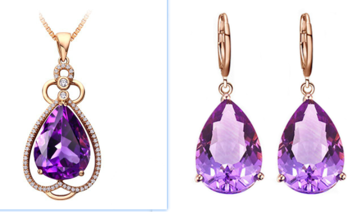 Quality Ear Hook Purple Gemstone Diamond Ring Rose Gold Collarbone Necklace Set photo 7