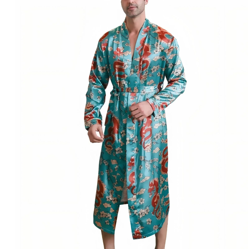 Summer Ice-silk Long-style Wearable Ice-silk Youth Long-sleeve Loungewear Mens Nightgown Thin Style photo 4