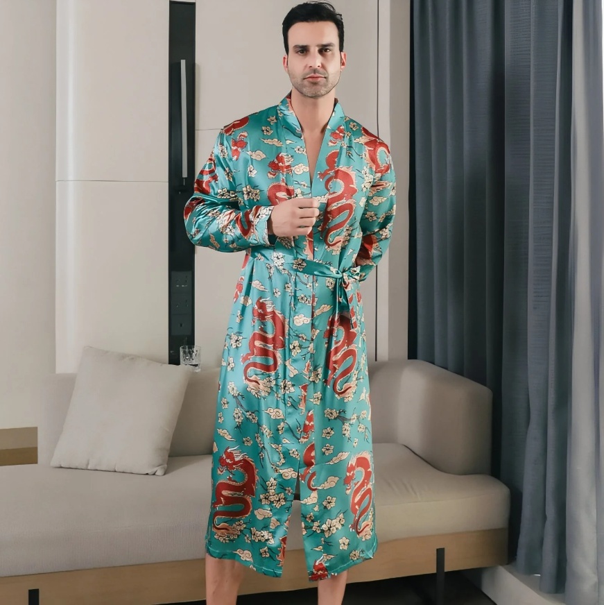 Summer Ice-silk Long-style Wearable Ice-silk Youth Long-sleeve Loungewear Mens Nightgown Thin Style photo 2