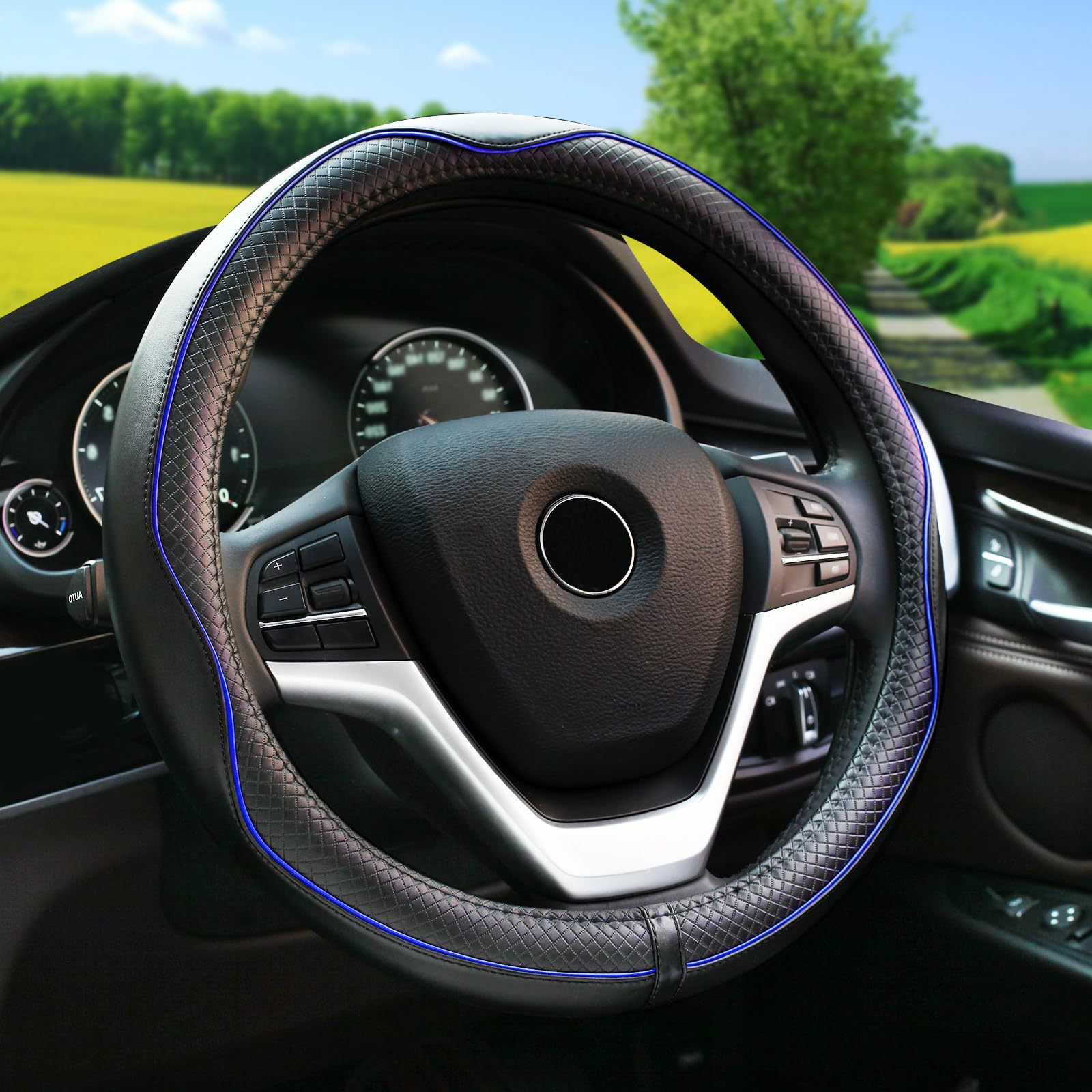 Embossed All-Season Universal Leather Steering Wheel Cover photo 1