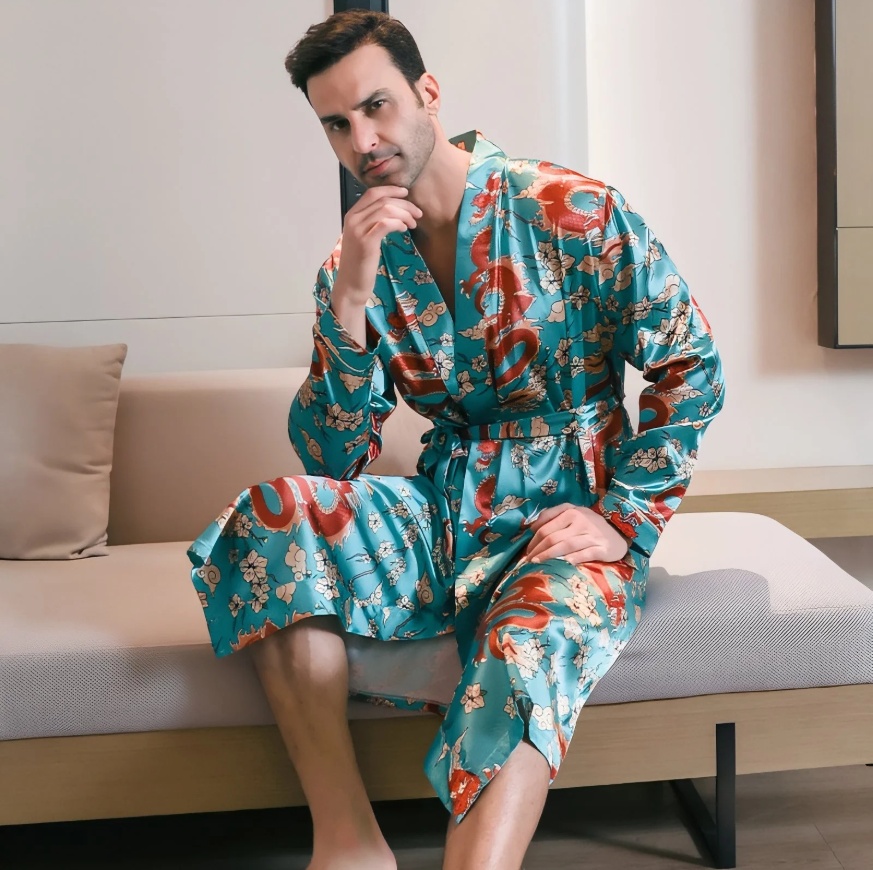 Summer Ice-silk Long-style Wearable Ice-silk Youth Long-sleeve Loungewear Mens Nightgown Thin Style photo 3