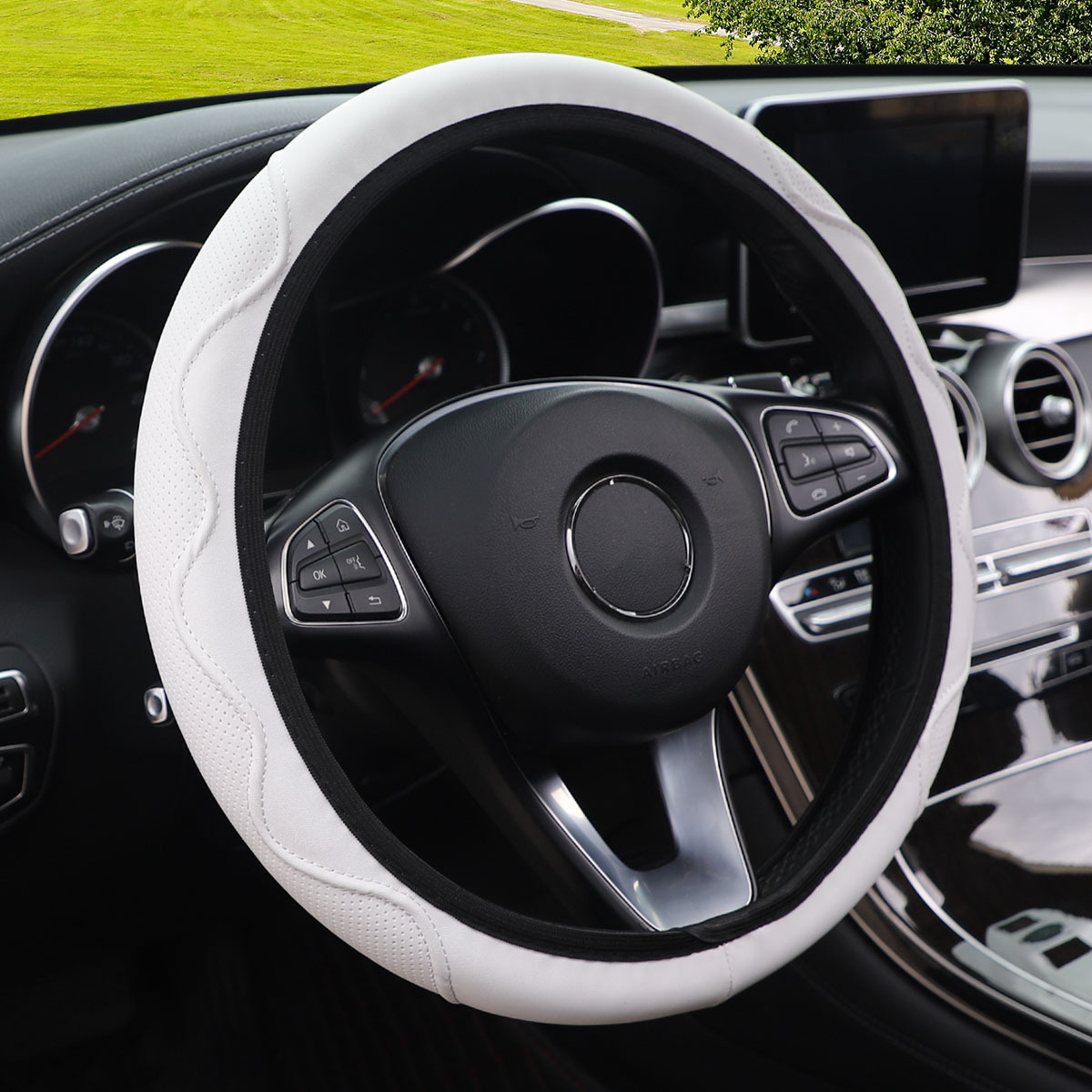 Fiber Leather Embossed Corrugated Elastic Stretch Steering Wheel Cover photo 2