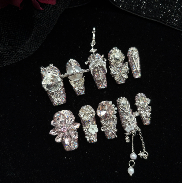 Handmade Press-on Nails In Pink, Sparkling Roses With Full Rhinestone Embellishmentsdazzling Short-style Nails That Enhance Your Complexion, Perfect For The Back-to-school Season photo 4
