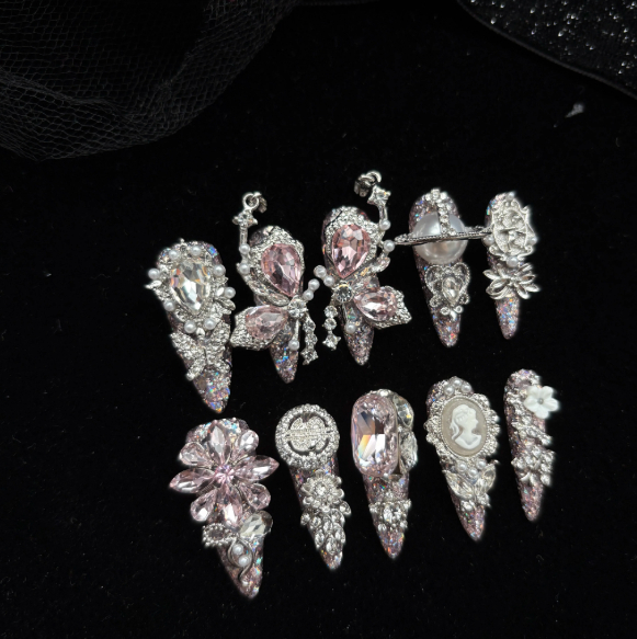 Handmade Press-on Nails In Pink, Sparkling Roses With Full Rhinestone Embellishmentsdazzling Short-style Nails That Enhance Your Complexion, Perfect For The Back-to-school Season photo 8
