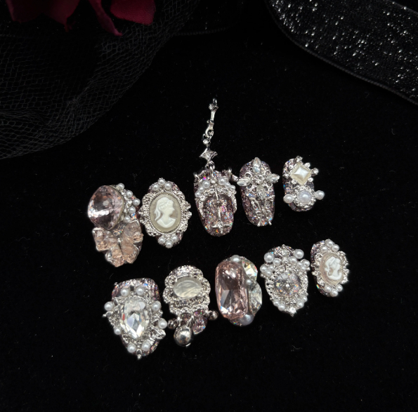 Handmade Press-on Nails In Pink, Sparkling Roses With Full Rhinestone Embellishmentsdazzling Short-style Nails That Enhance Your Complexion, Perfect For The Back-to-school Season photo 5