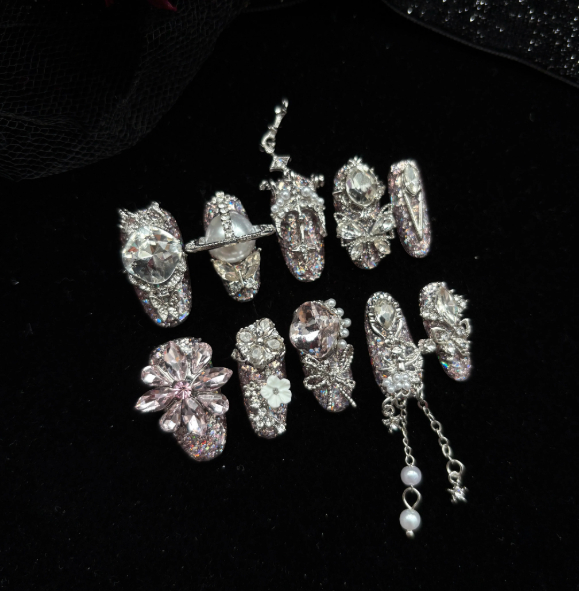 Handmade Press-on Nails In Pink, Sparkling Roses With Full Rhinestone Embellishmentsdazzling Short-style Nails That Enhance Your Complexion, Perfect For The Back-to-school Season photo 6