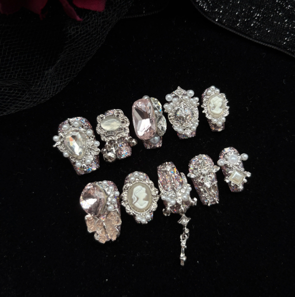 Handmade Press-on Nails In Pink, Sparkling Roses With Full Rhinestone Embellishmentsdazzling Short-style Nails That Enhance Your Complexion, Perfect For The Back-to-school Season photo 3