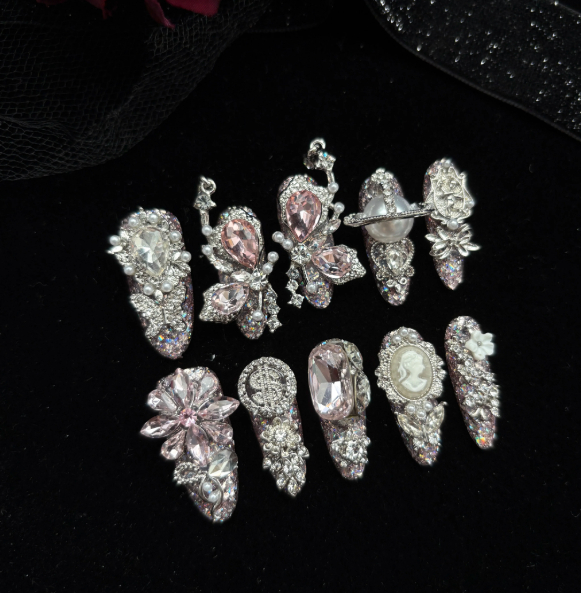 Handmade Press-on Nails In Pink, Sparkling Roses With Full Rhinestone Embellishmentsdazzling Short-style Nails That Enhance Your Complexion, Perfect For The Back-to-school Season photo 7