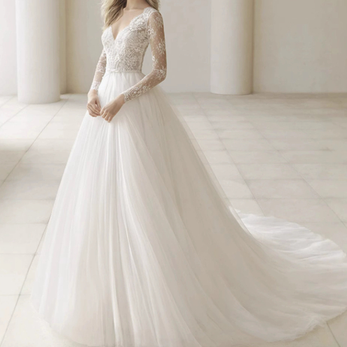 Elegant Lace Long Sleeve V-Neck Wedding Dress Bridal Gown With Delicate Detailing For Ceremony photo 6