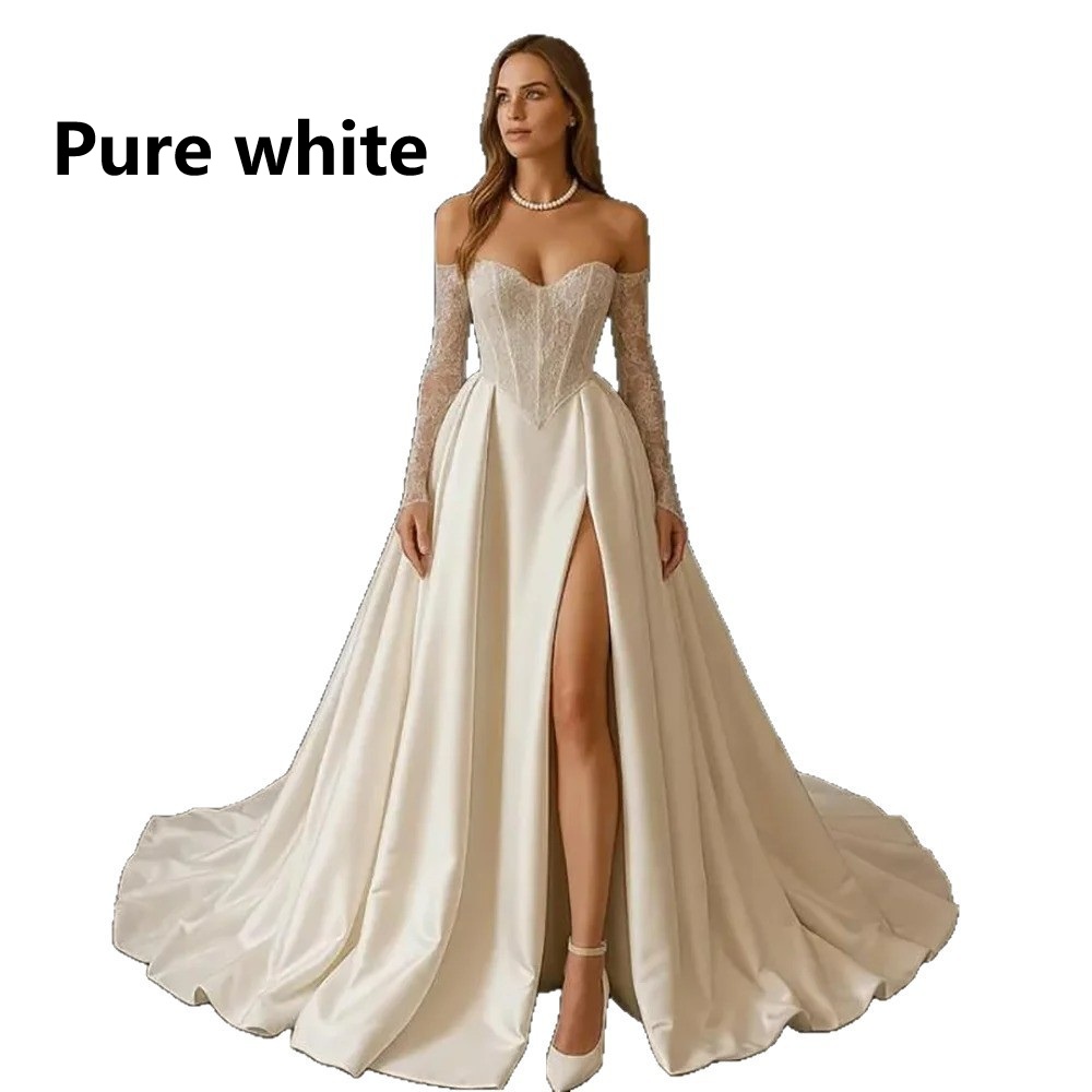 Split Trailing Graceful Tube Top Lace Satin Wedding Dress photo 2