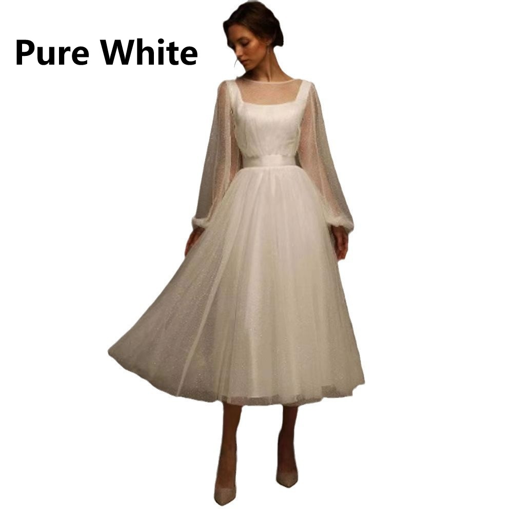 French-style Vintage Square-neck Midi Light Wedding Dress photo 2