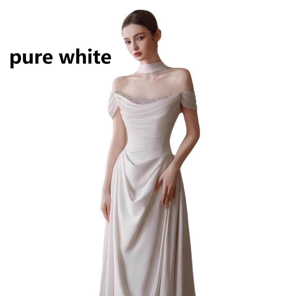 Off-the-shoulder Pleated Waist-cinching French Satin Light Wedding Dress photo 5