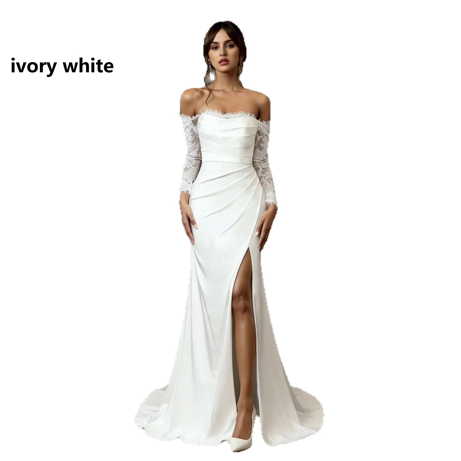 One-shoulder Lace Long-sleeve Light Wedding Dress photo 2