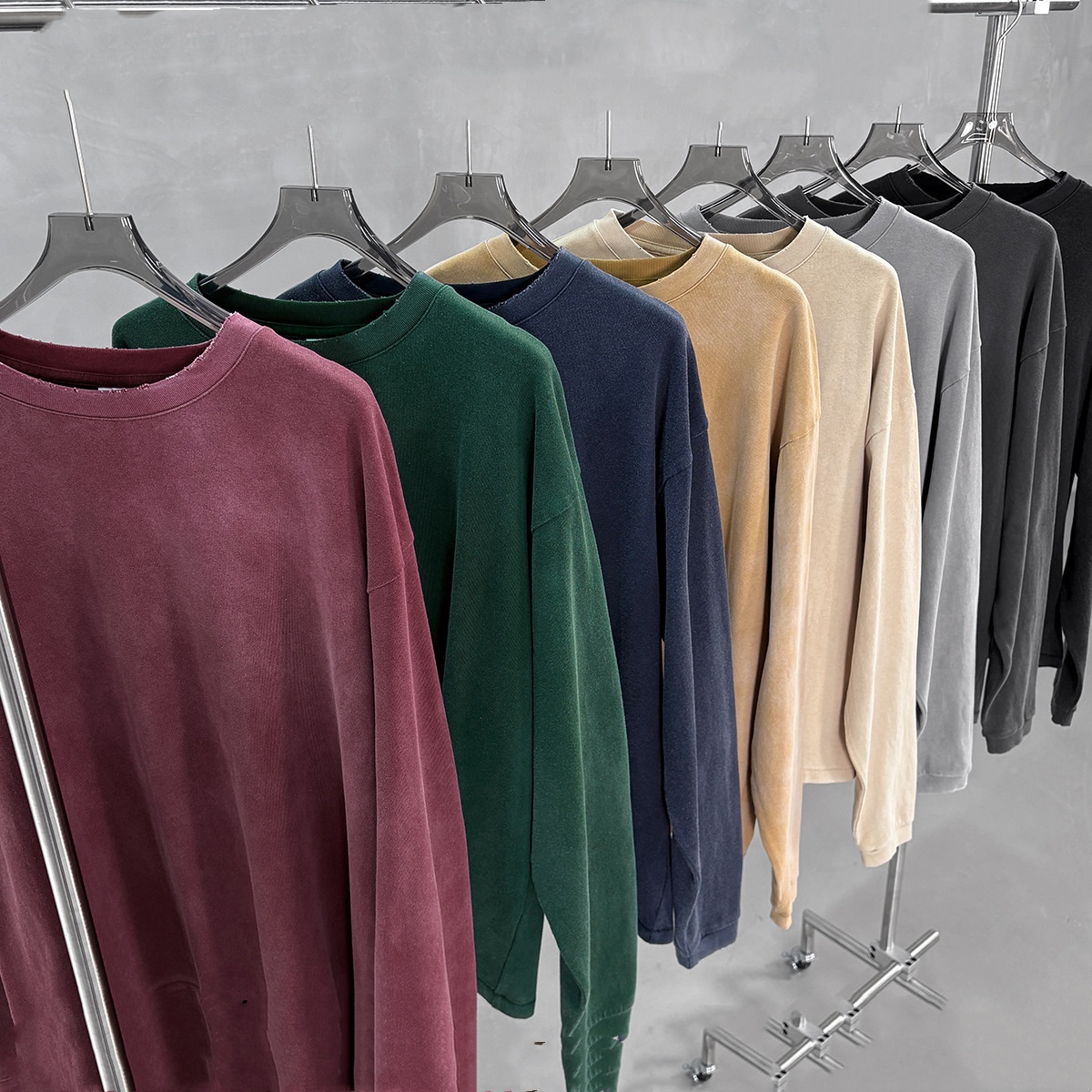 Mens Fallwinter Long-sleeve Pure Cotton Vintage Washed Loose-fit Drop-shoulder Top photo 1