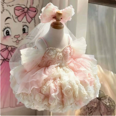 Blue Three-dimensional Floral Birthday Dress For Little Girls Performances photo 5