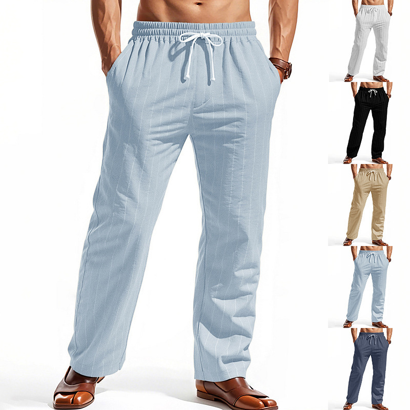 Linen Beach Shorts With Drawstring Vertical Stripes And A Straight-leg Breathable Fit photo 1