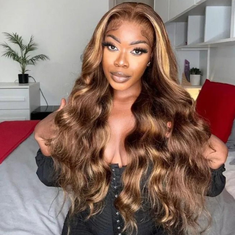 24inch Brown Highlight Body Wave Wear Go Wig 7x5 Lace Closure 180% Color Draw String Glueless Wig photo 1