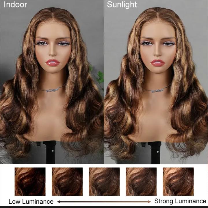 24inch Brown Highlight Body Wave Wear Go Wig 7x5 Lace Closure 180% Color Draw String Glueless Wig photo 6