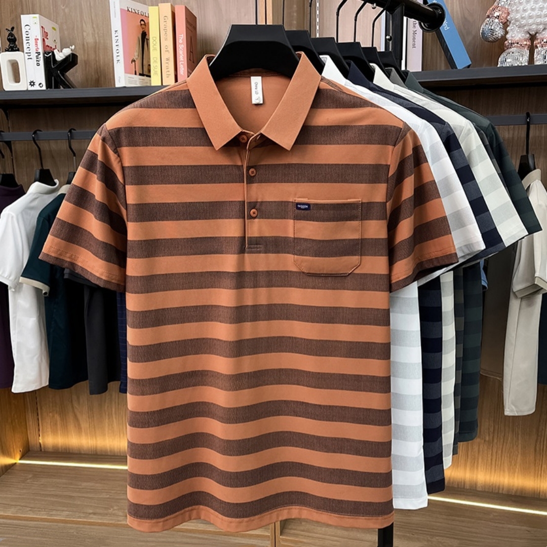 Men's Youth Striped Lapel Pocket Fashion Short Sleeve T-shirt photo 1