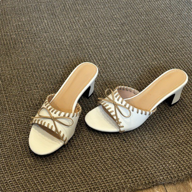 Retro Bow-knot High-heeled Woven Slide Sandals photo 1