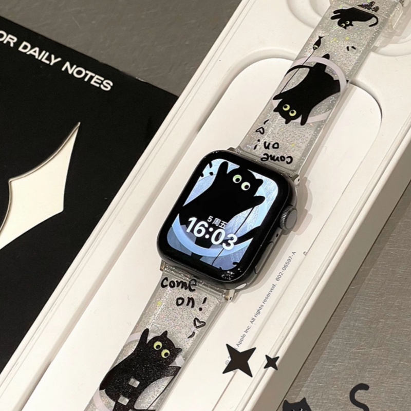 Glittery Black Kitten Cute New Transparent Silicone Watch Strap photo 3